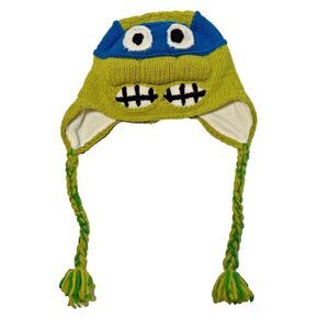 Hand Knit Leonardo Ninja Turtles‎ Boys Hat 100% Wool Ecuador Lined Beanie TMNT
